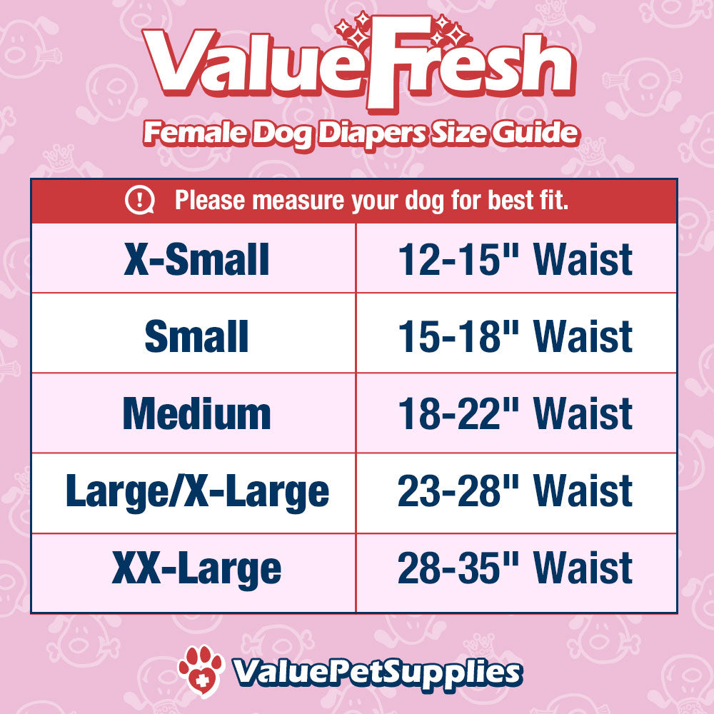 ValueFresh Female Dog Disposable Diapers, Small, 144 Count - Full Coverage w/Tail Hole, Snag-Free Fasteners, Leak Protection, Wetness Indicator 